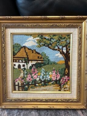 Handcrafted Cottage Garden Cross Stitch in Gold Frame - Multicolor